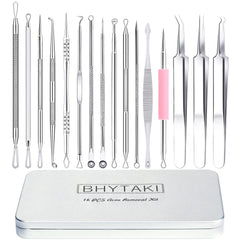 BHYTAKI 16-piece blackhead remover kit in a metal box for organized skincare.