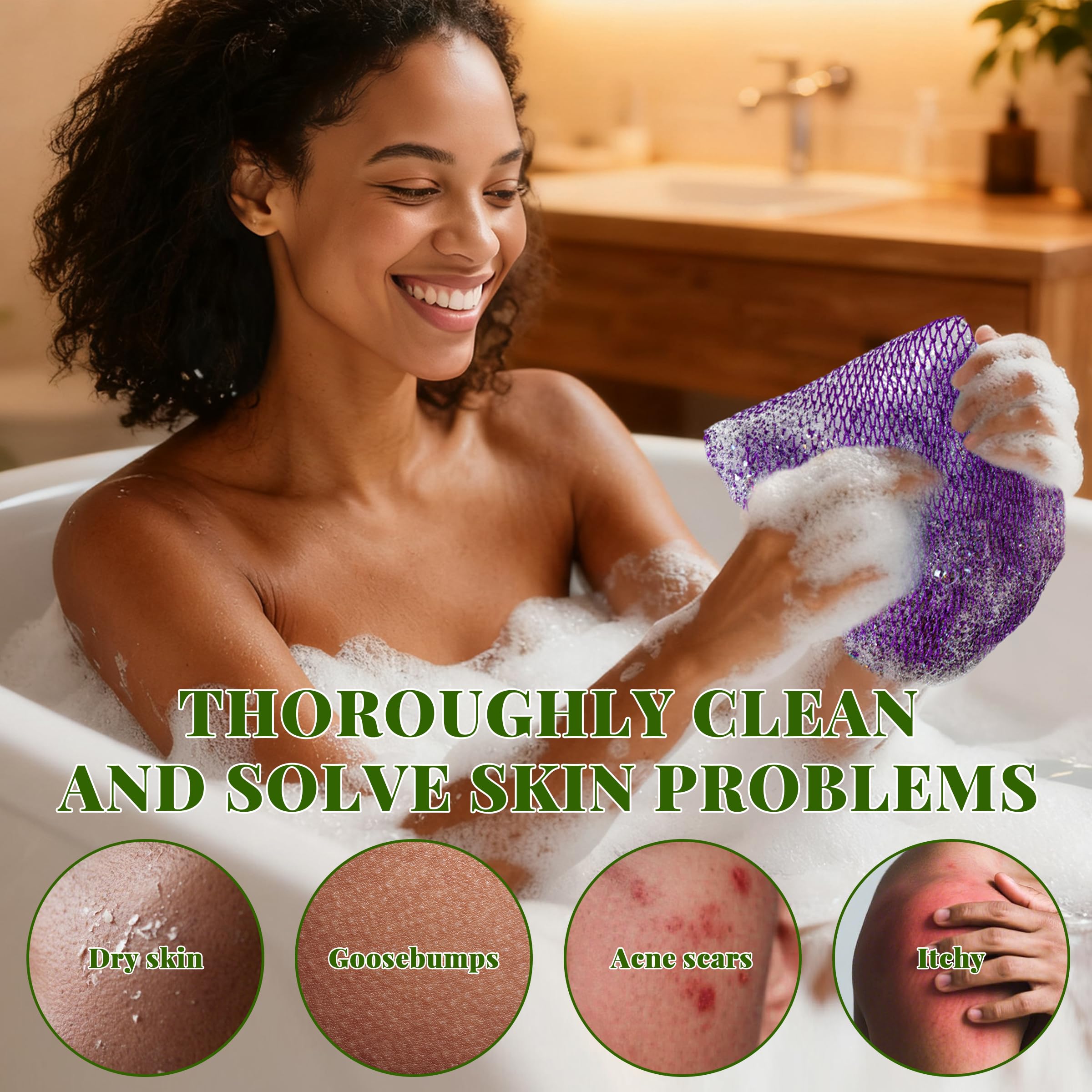 BHYTAKI esponja verde oscura ofrece alcance y exfoliación suave.