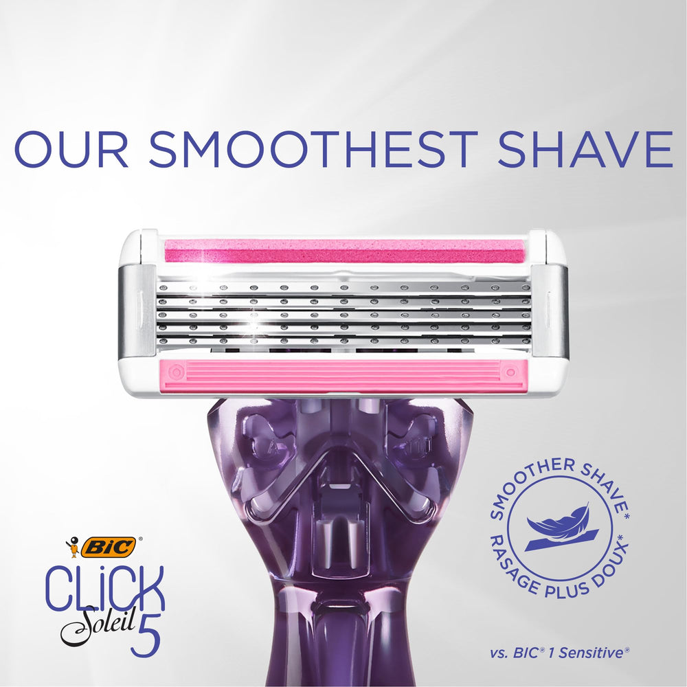 BIC Click 5 Soleil moisture strip with Aloe Vera for smoother skin.