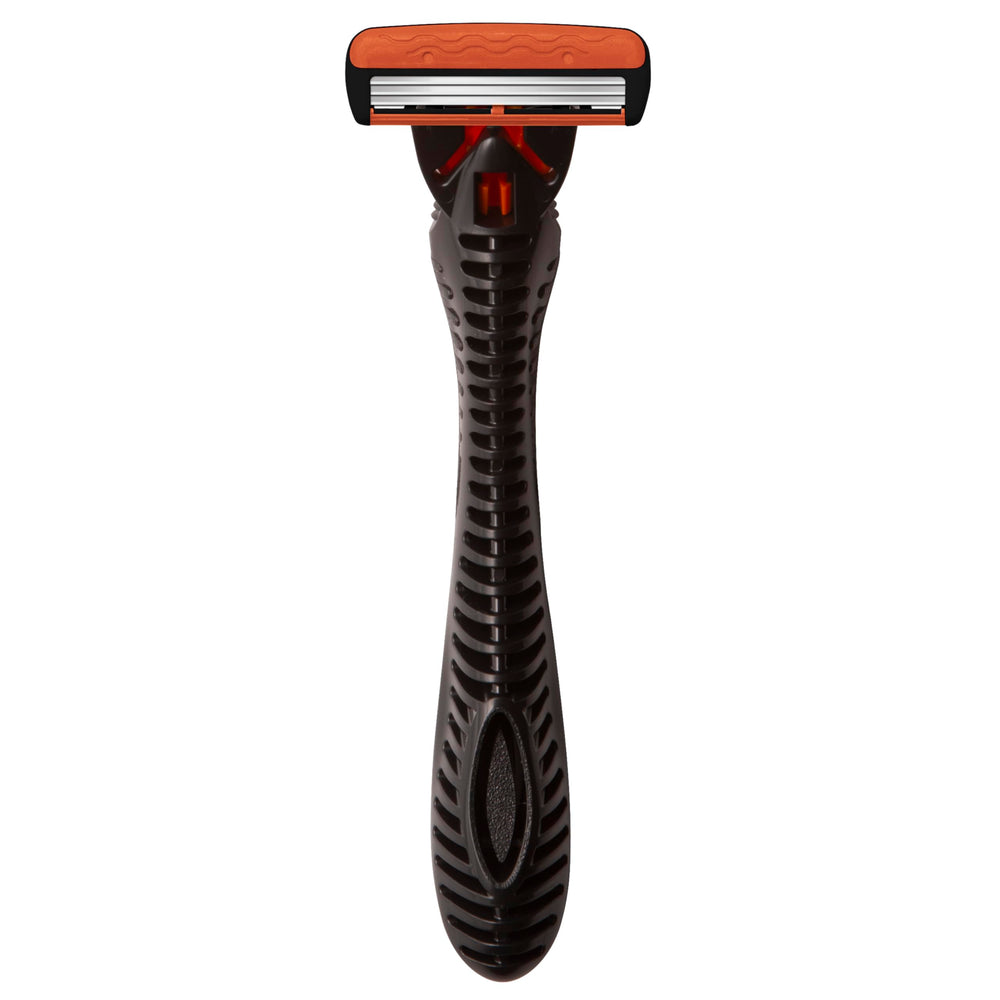 Closeup of the BIC Comfort 3 razor assembly for a complete kit.