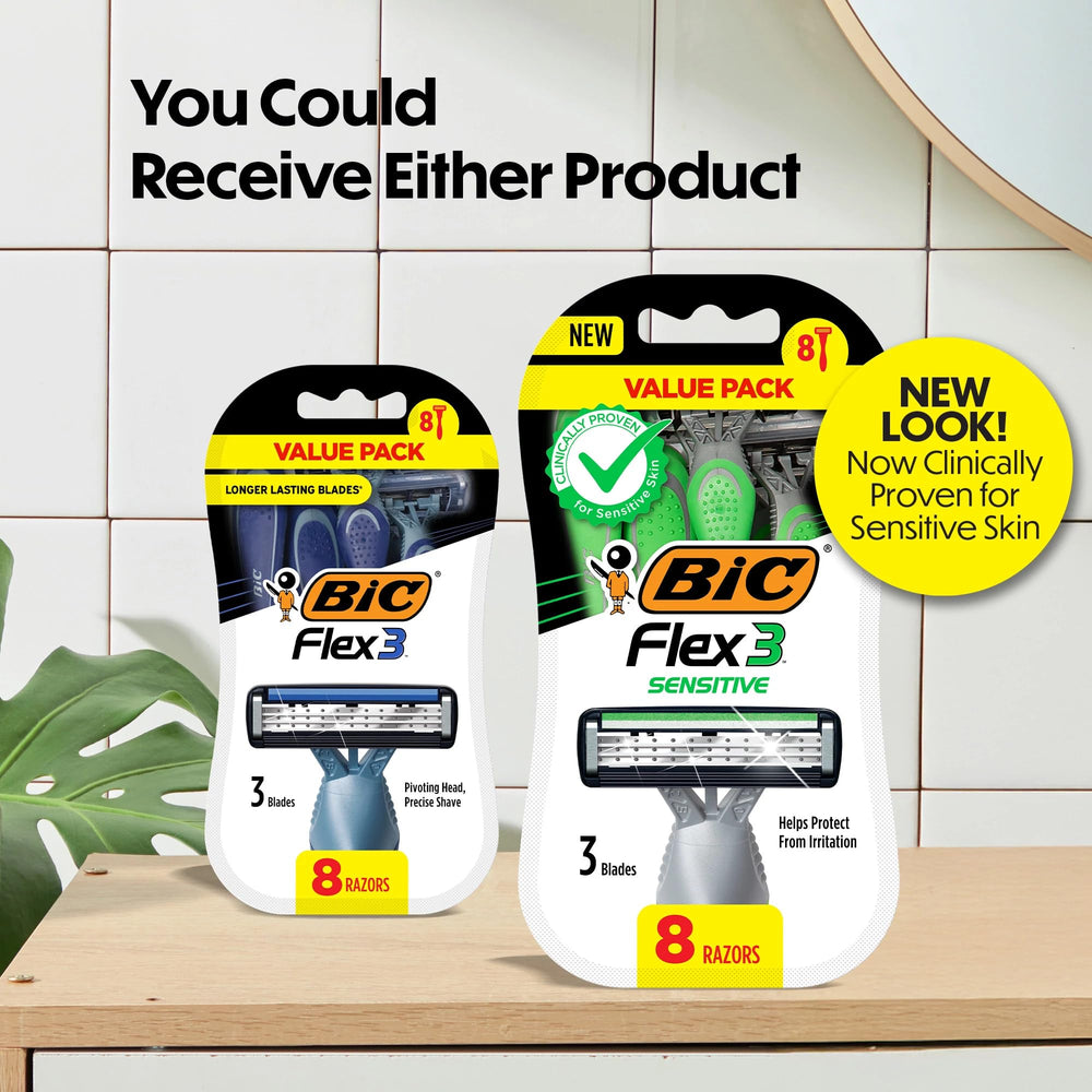 BIC Flex 3 Sensitive razor with ergonomic handle for a steady grip.