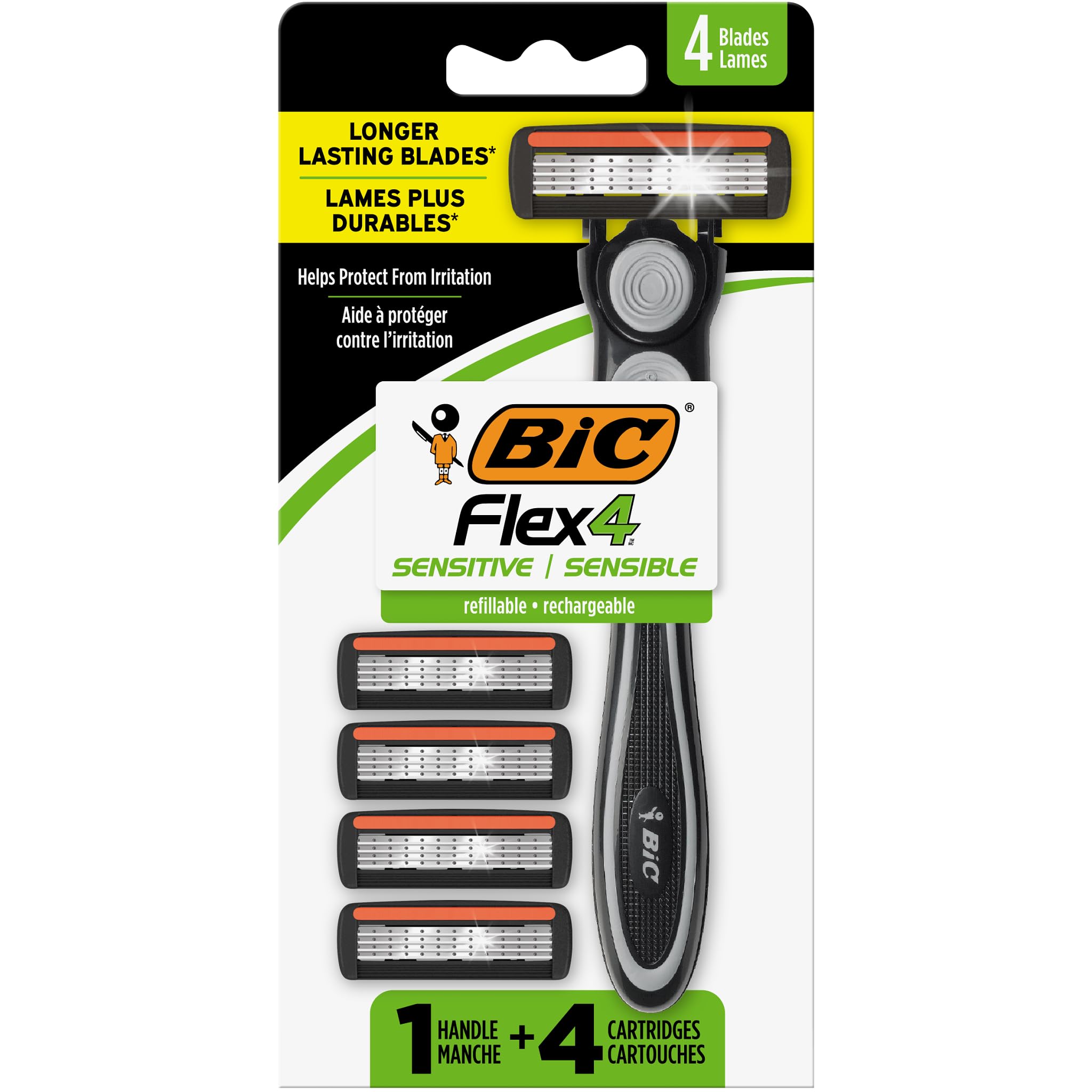 BIC Flex 4 razor with handle and four cartridges, travel-ready.