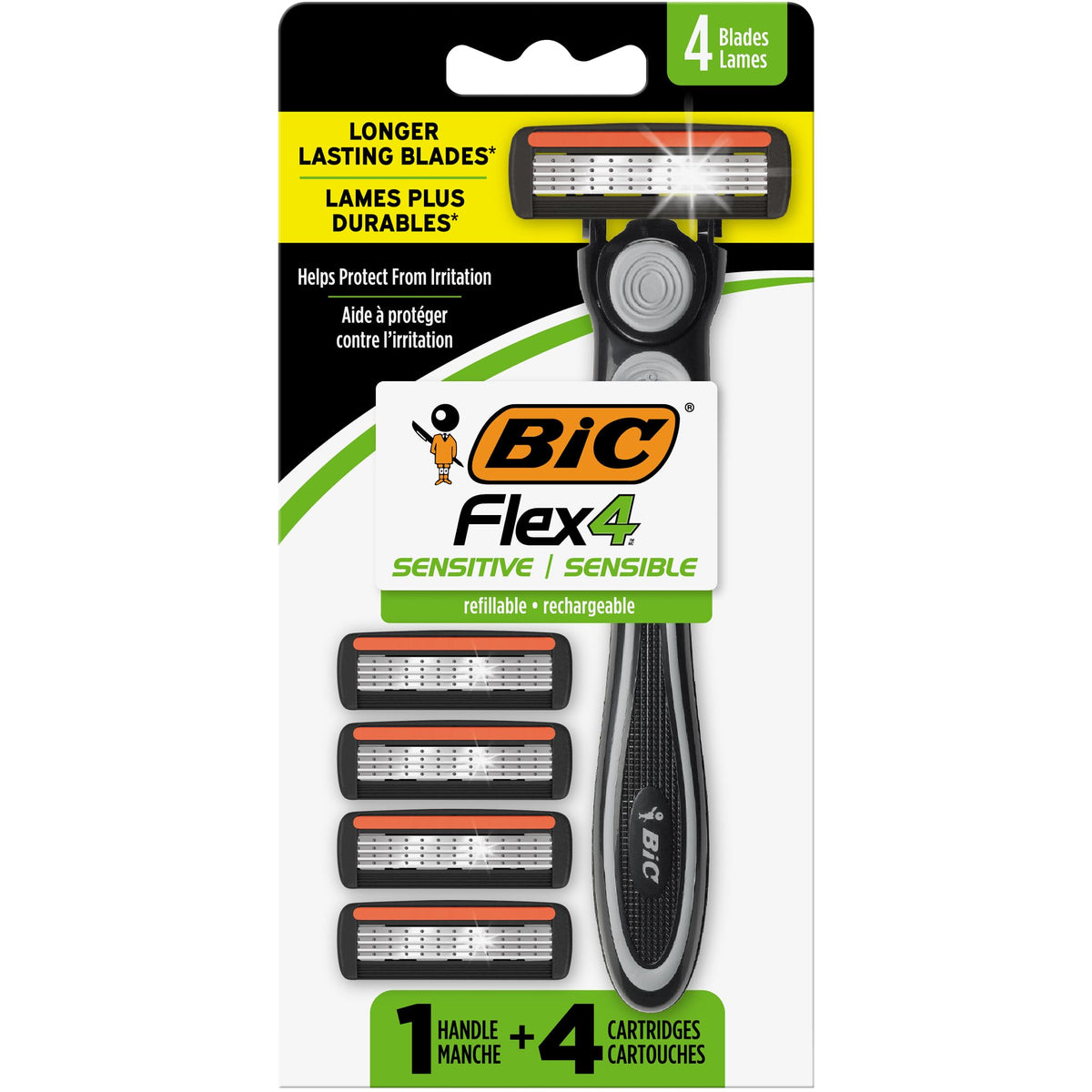 BIC Flex 4 razor with handle and four cartridges, travel-ready.