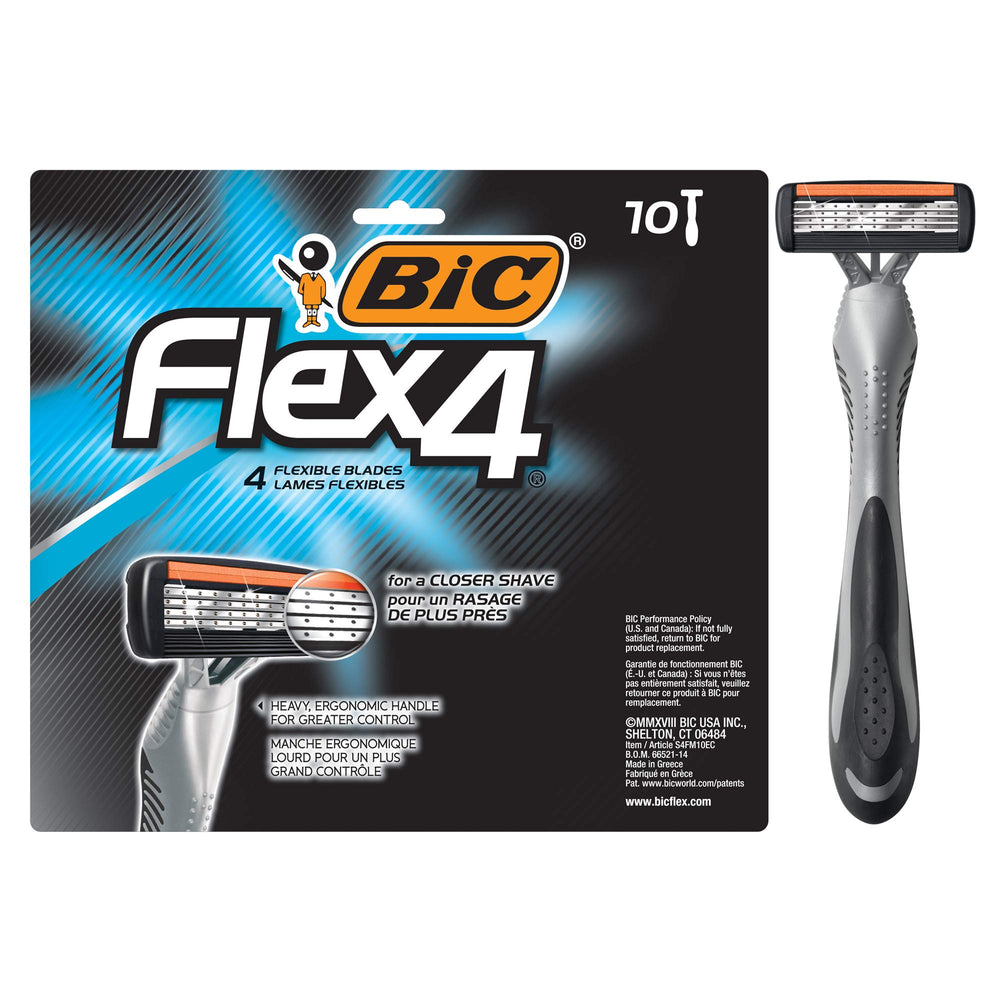 BIC Flex 4 Sensitive razor pack front shows travel-ready design for on-the-go grooming.