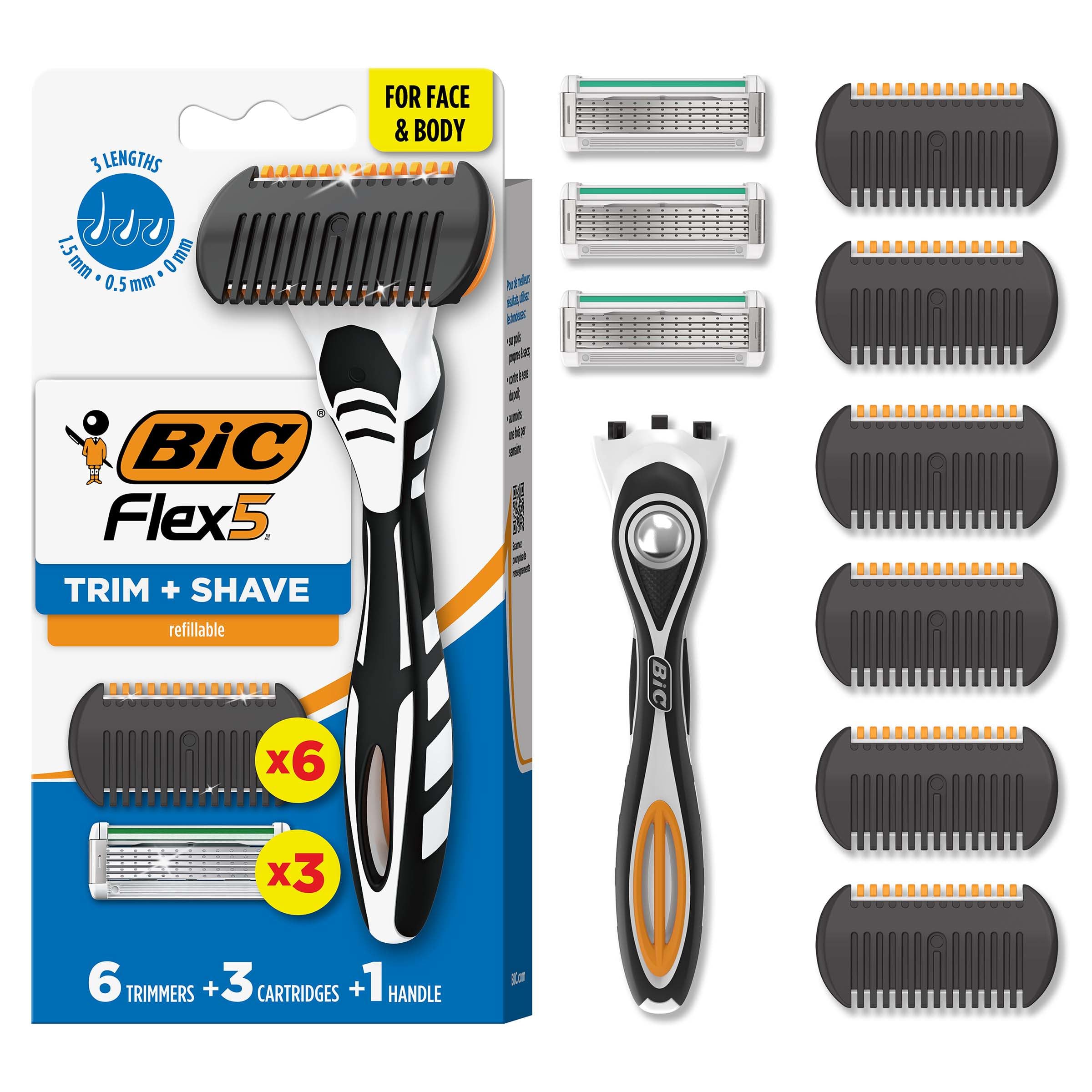 BIC Flex 5 Trim and Shave handle with ergonomic grip for precise grooming.