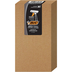 BIC slim-head razor close-up for precise trimming in tight spaces.