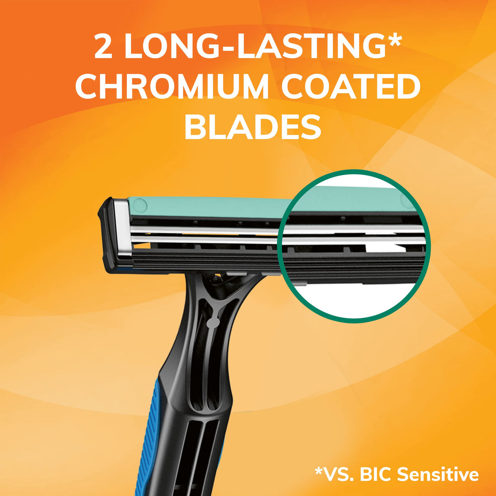 BIC Sensitive 2 razor lubricating-strip close-up with Aloe Vera and Vitamin E.