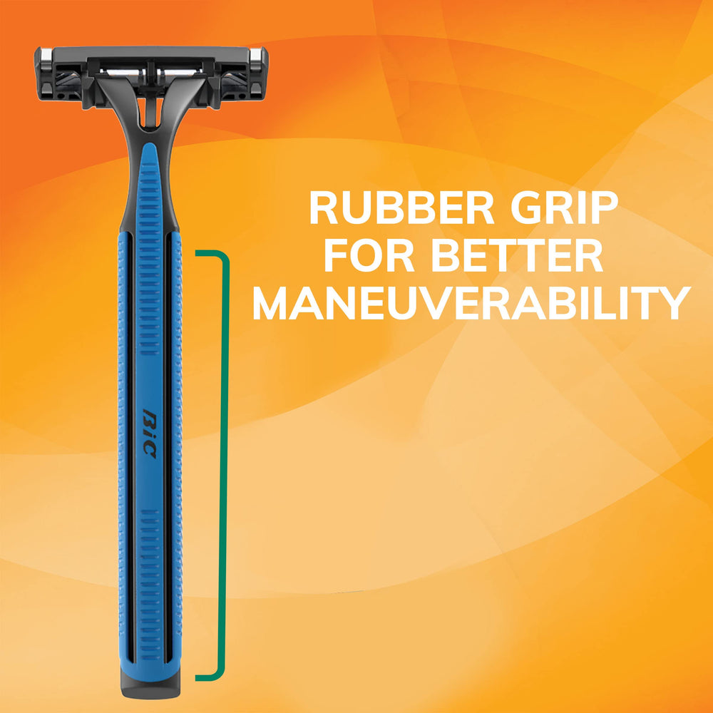 BIC Sensitive 2 razor non-slip-handle emphasizes secure grip during use.