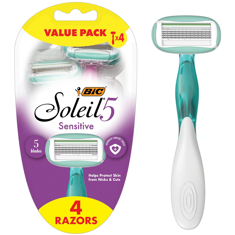BIC Soleil 5 Sensitive razor pack front, travel-ready for quick everyday shaving.