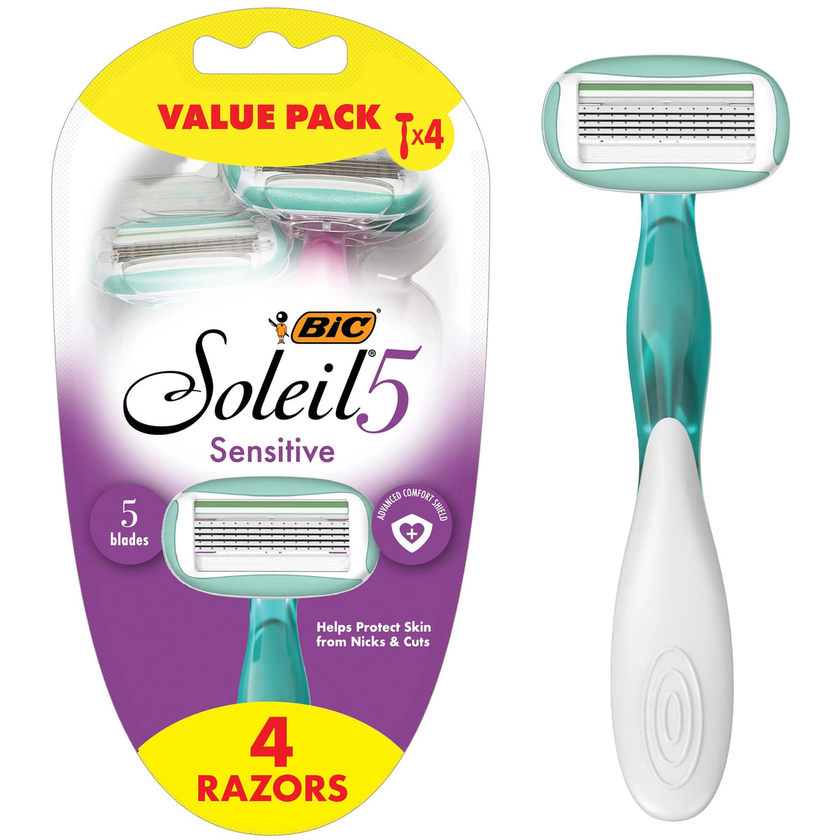 BIC Soleil 5 Sensitive razor pack front, travel-ready for quick everyday shaving.