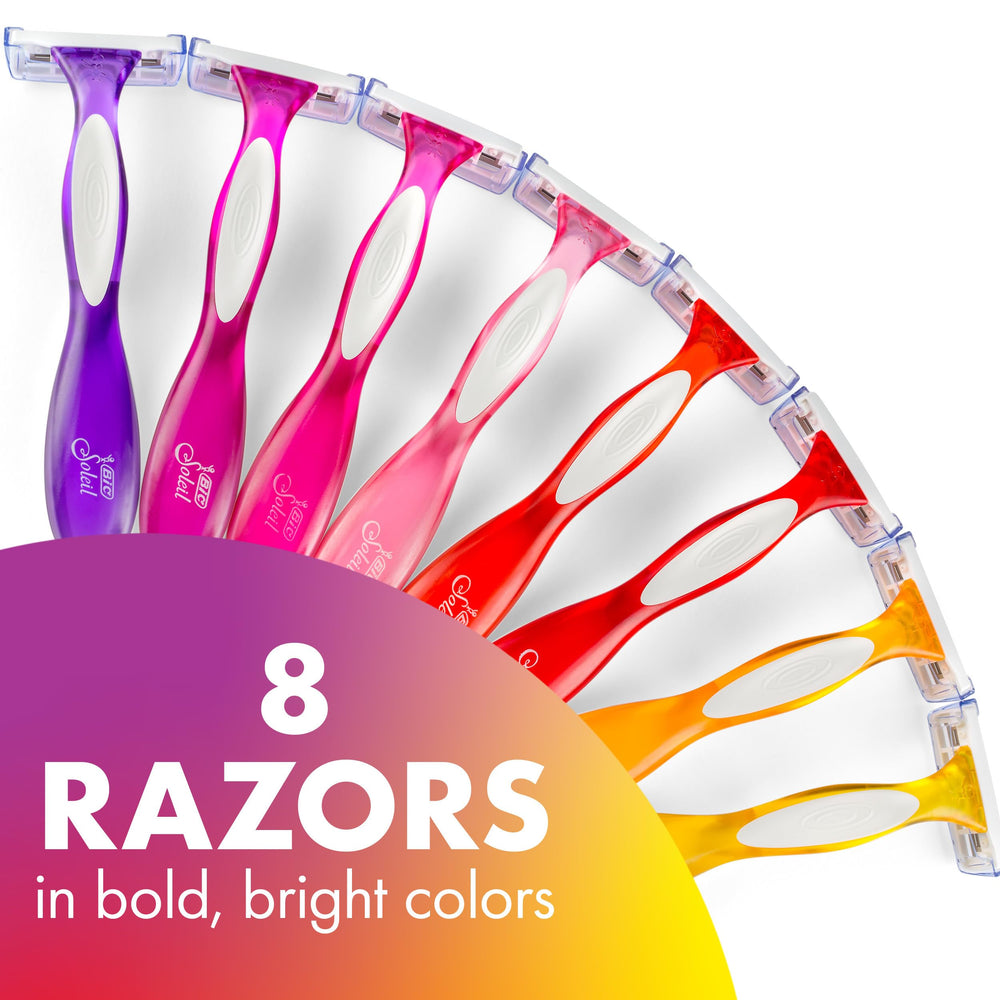 BIC Soleil colorful handles closeup showing ergonomic grip for precise shaving