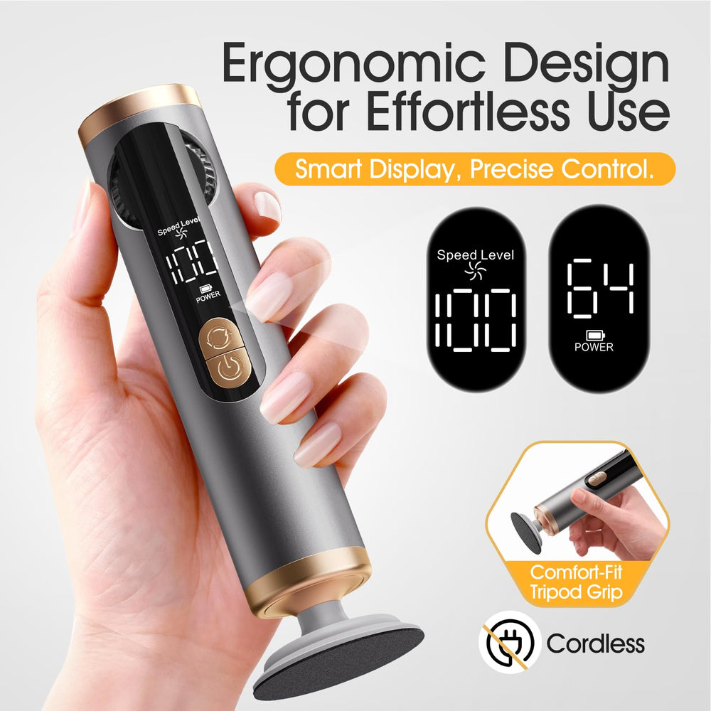 Bicboz callus remover with LED display demonstrates battery life and speed feedback.