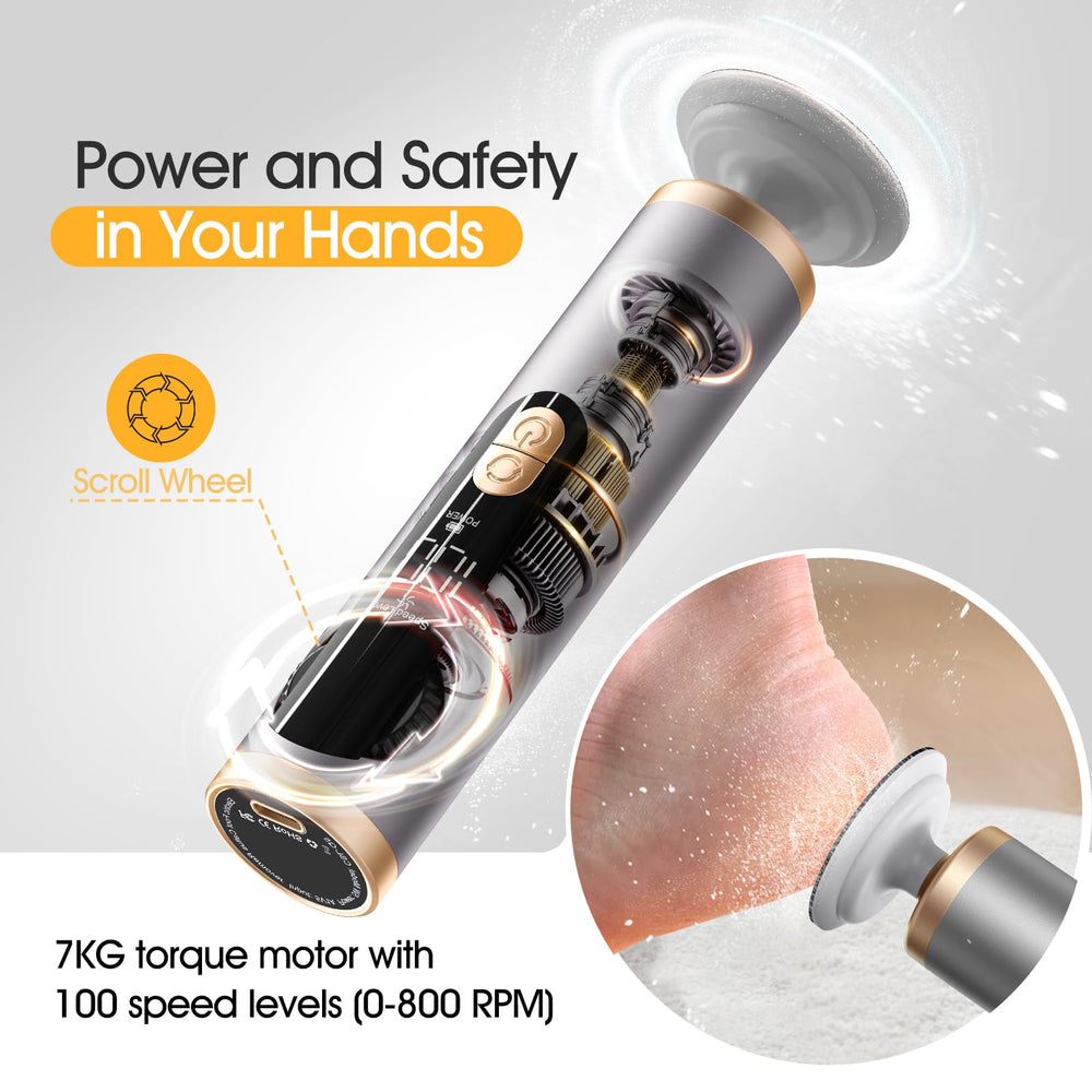 Bicboz foot file close-up highlighting ergonomic handle and simple speed control.