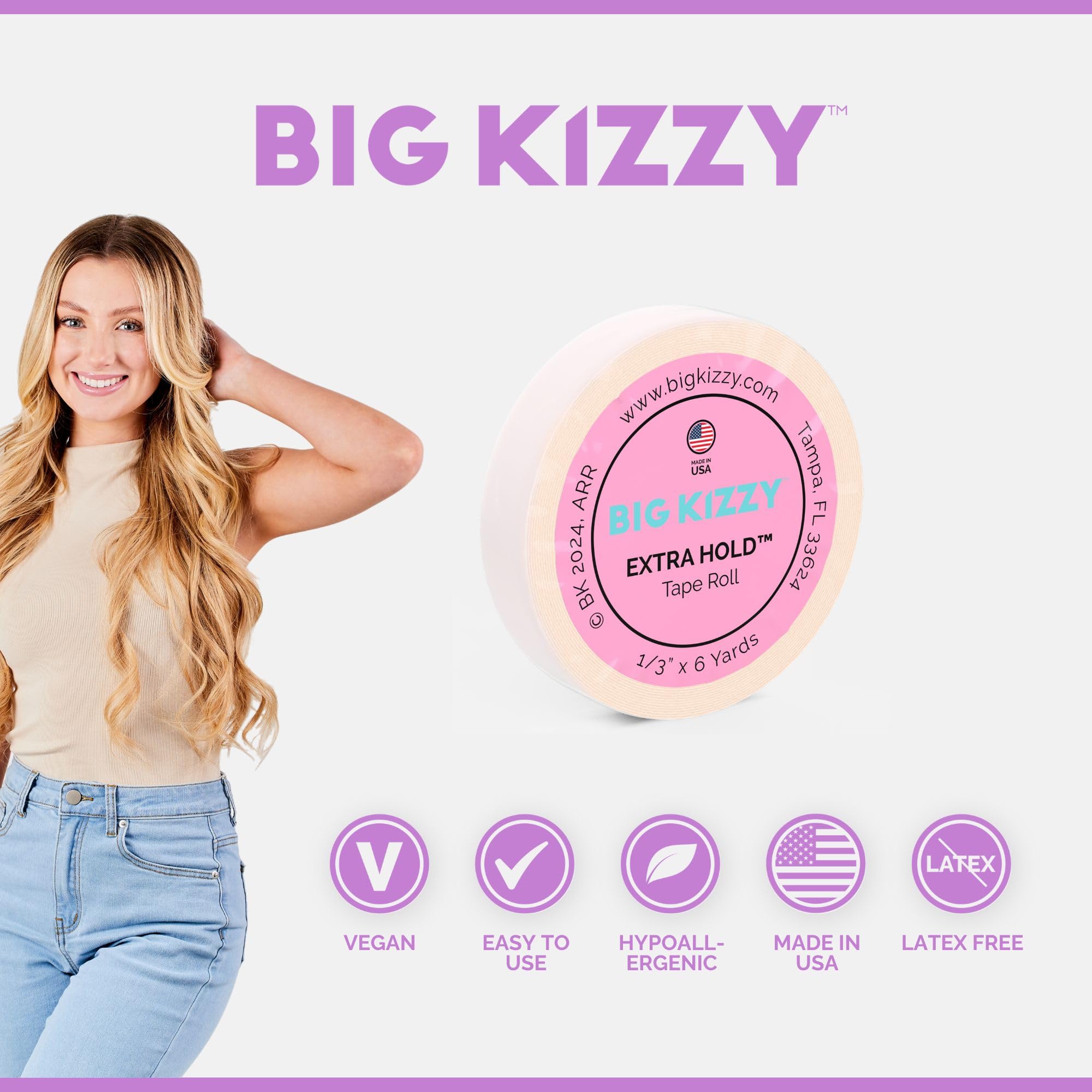 Big Kizzy double-sided tape roll in use demonstrates fast, clean application for tape-in extensions.