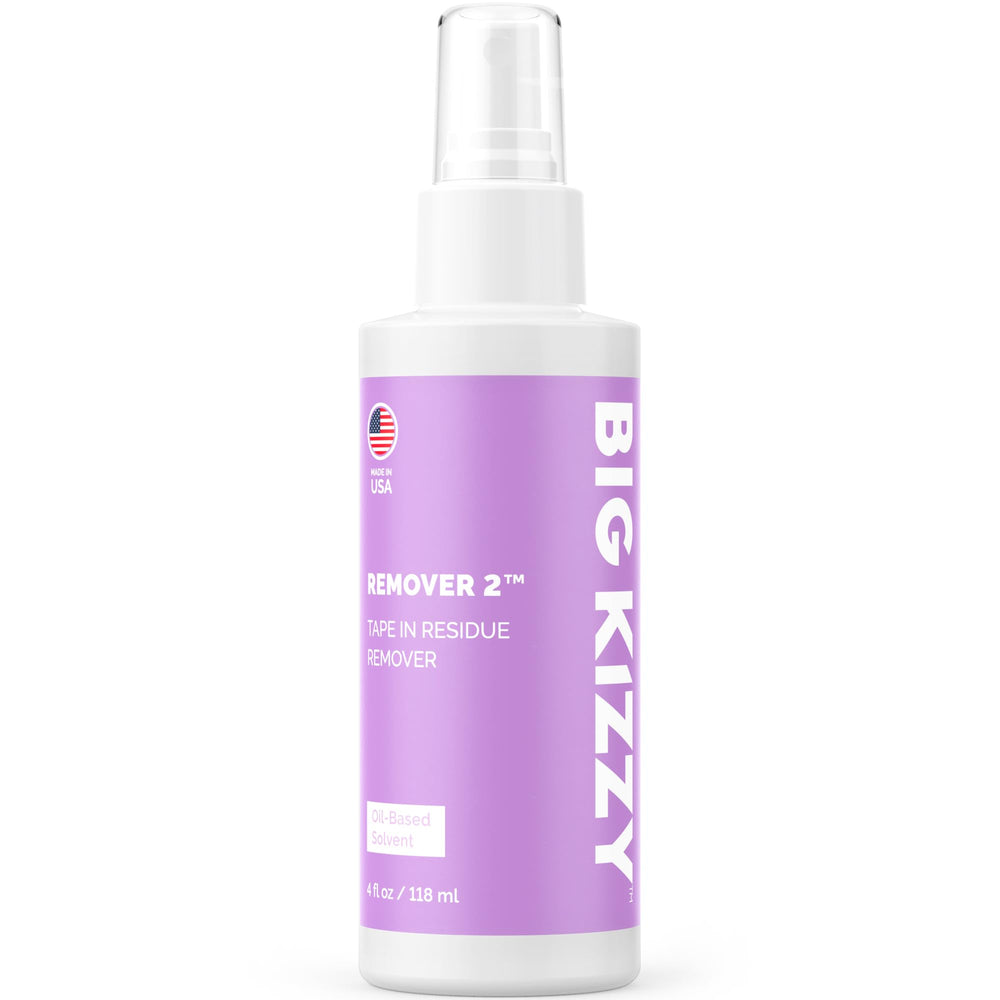 Big Kizzy Remover 2 bottle pour enables easy adhesive removal.