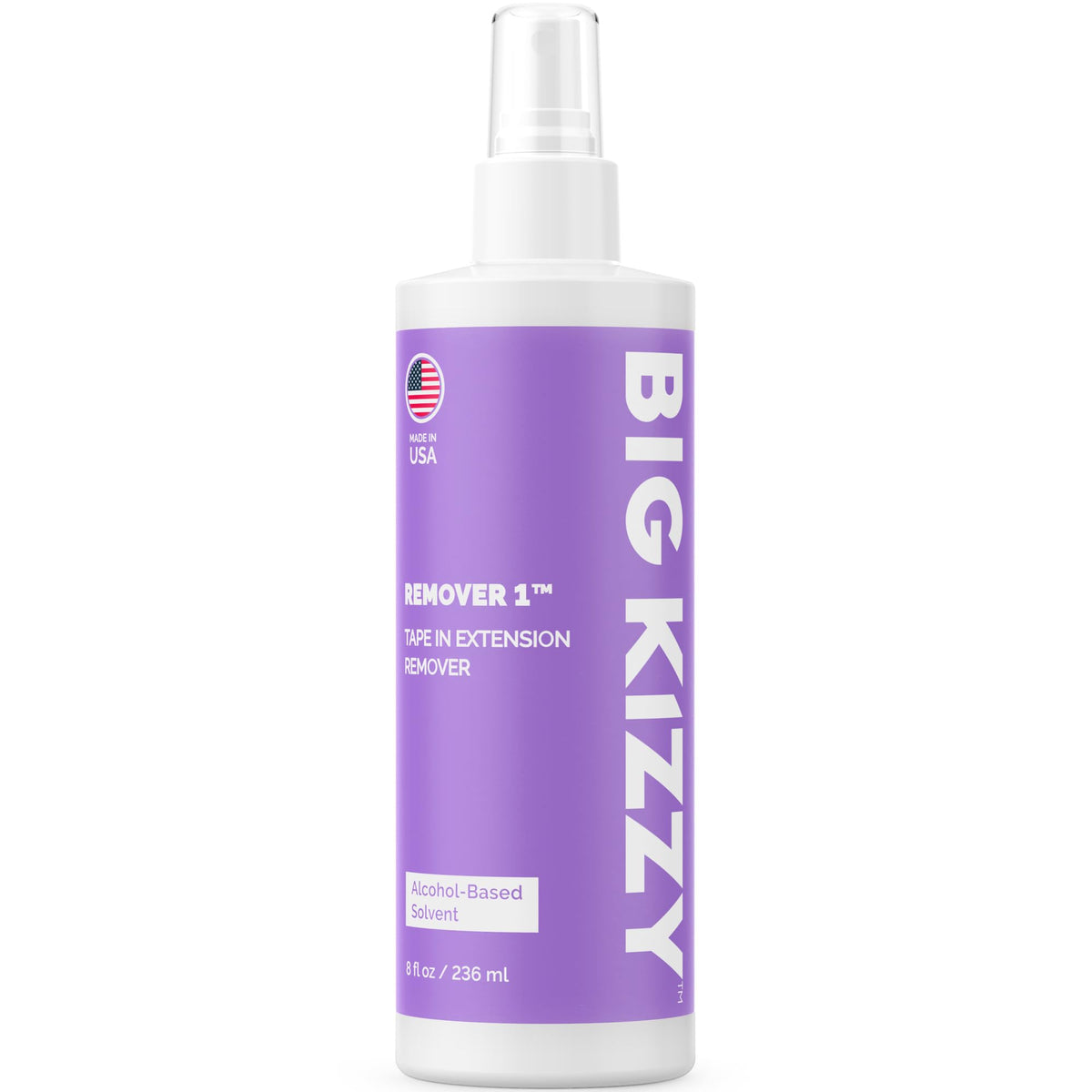 Big Kizzy Tape-In Remover Spray bottle shown for fast adhesive release.