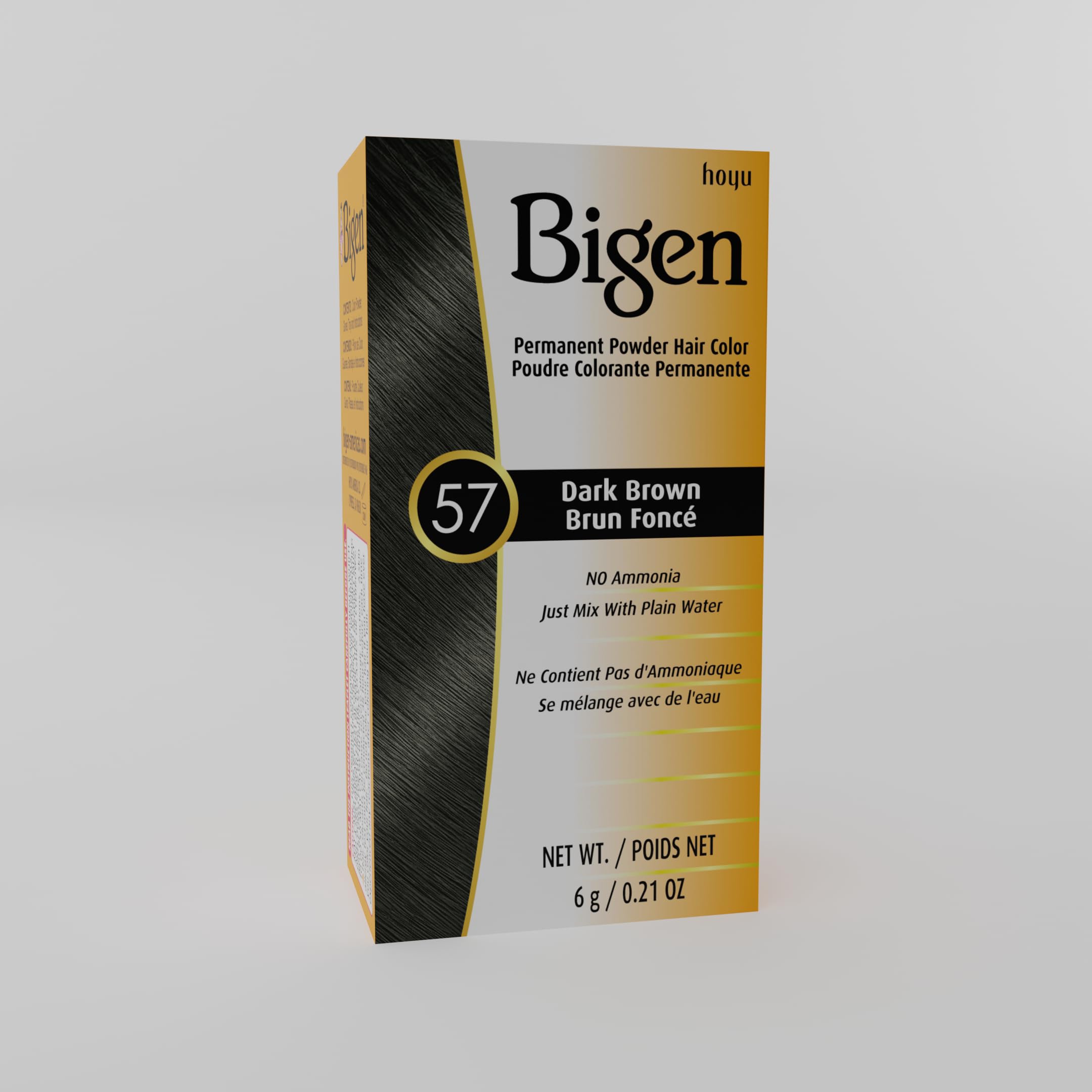 Bigen #57 Dark Brown final result on hair with natural shine.