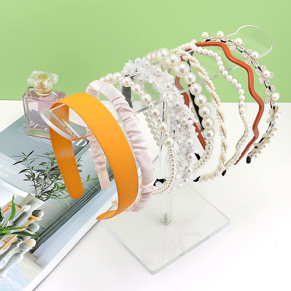 Bigfety clear hair accessory organizer stand displaying headbands and scrunchies.