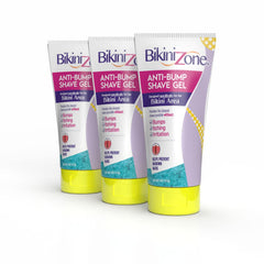 Bikini Zone anti-bump gel packaging display shows a convenient three-pack.