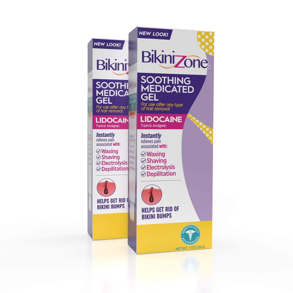 Bikini Zone medicated after shave gel bottle offering lidocaine relief for razor bumps