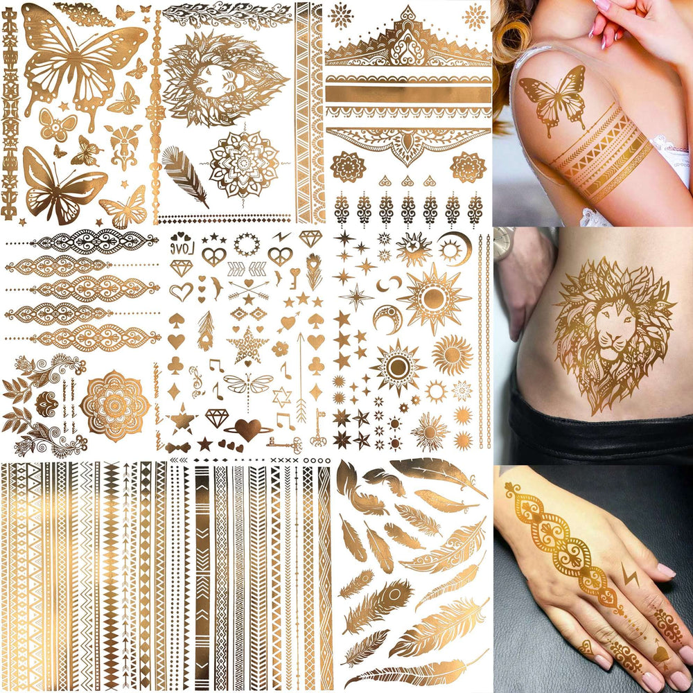 Bilizar 9-sheets gold temporary tattoos set with 110+ designs for bold festival looks.