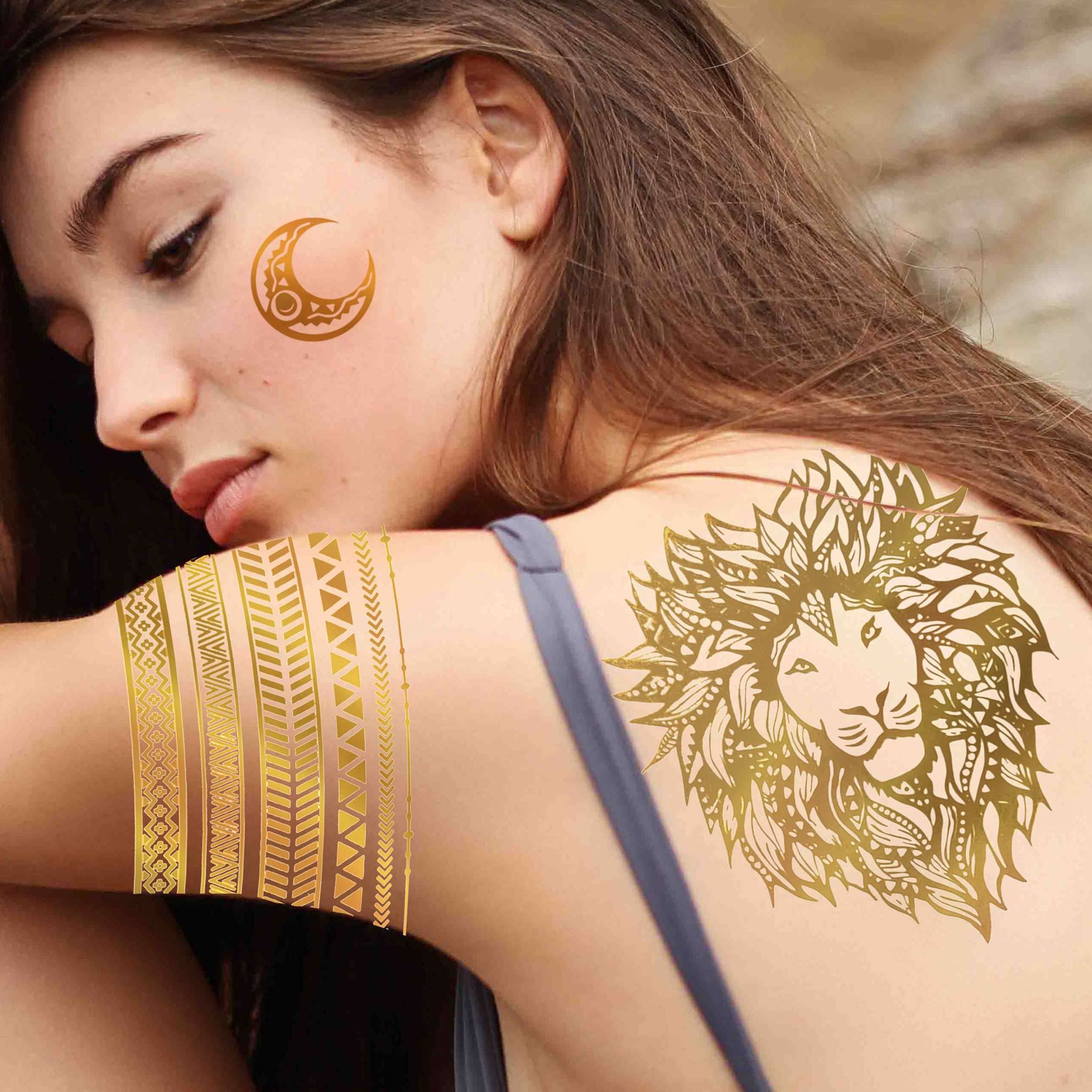Gold metallic Bilizar designs featuring sun, moon, stars for eye-catching body art.
