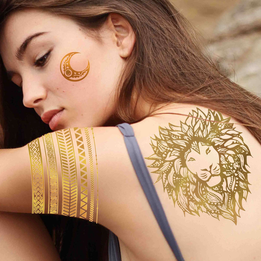 Gold metallic Bilizar designs featuring sun, moon, stars for eye-catching body art.