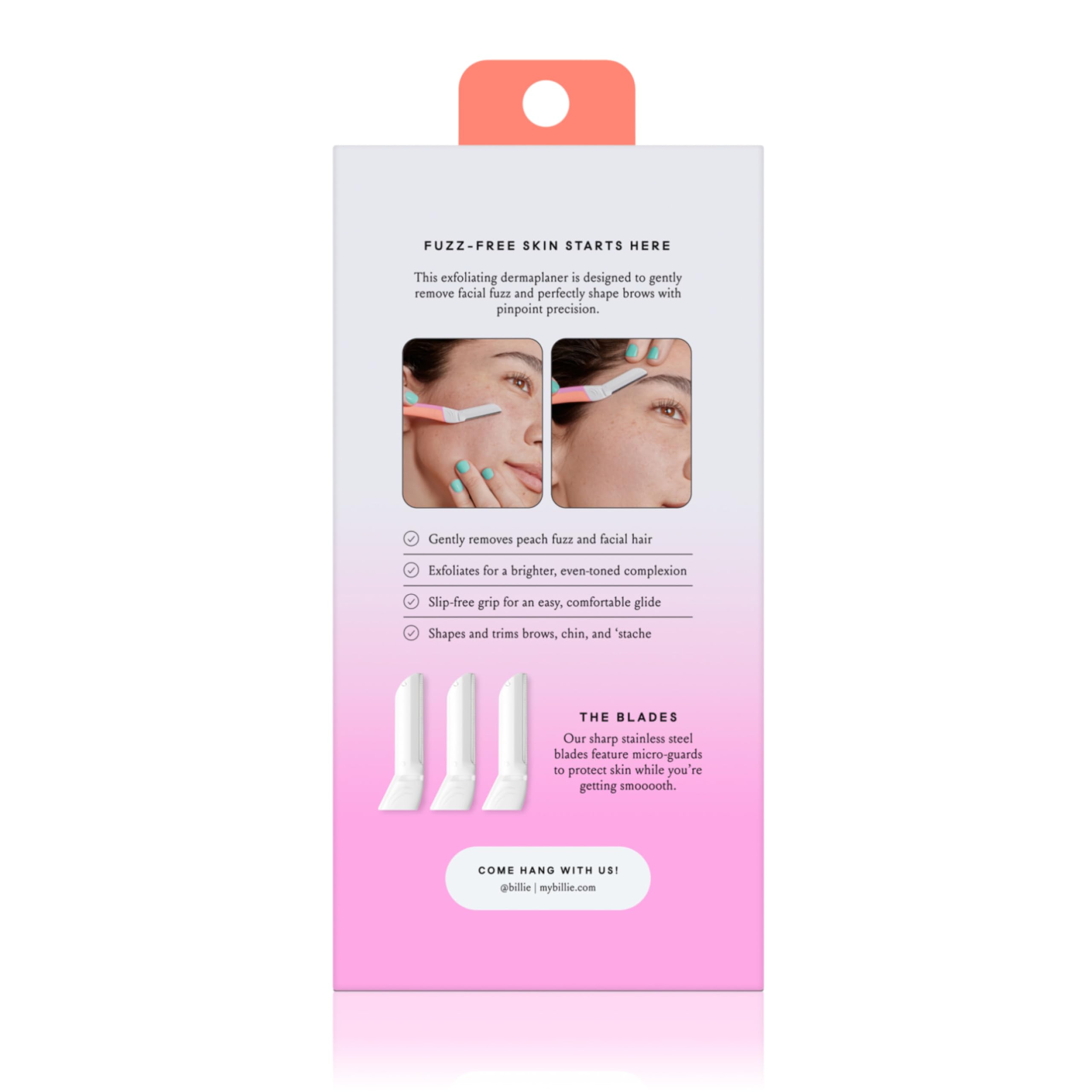 Billie kit packaging shown for easy blade replacement and storage.
