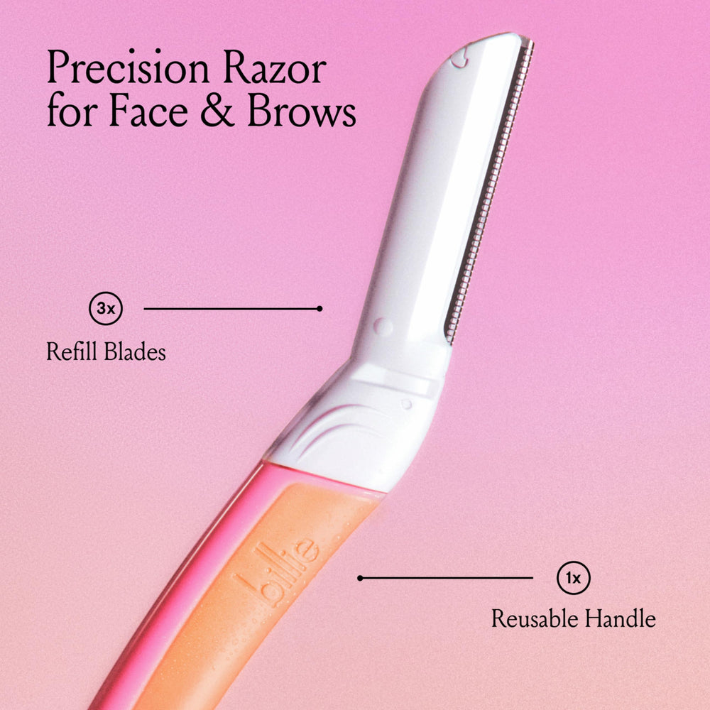 Billie blade perfect for brow shaping and peach fuzz removal with control.