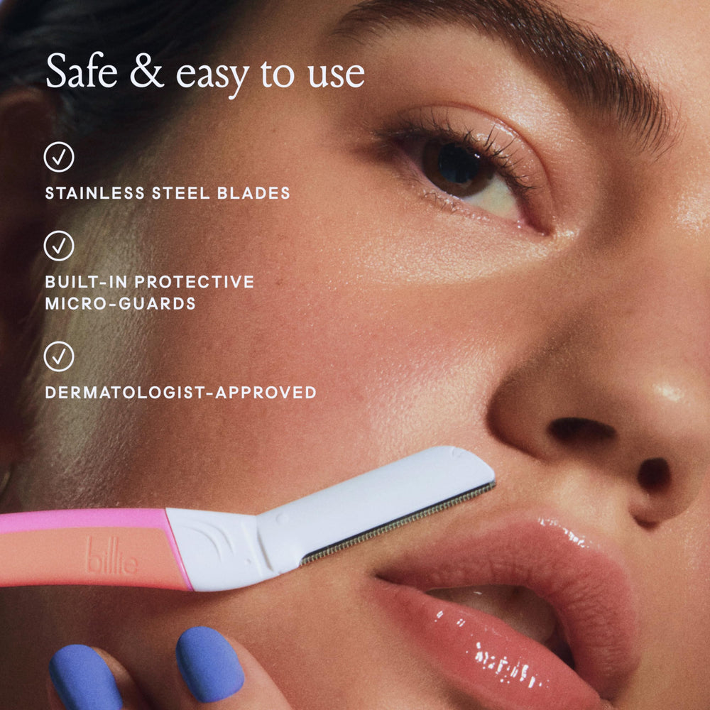 Close-up of Billie blade and micro-guards showing safe shaving edges.