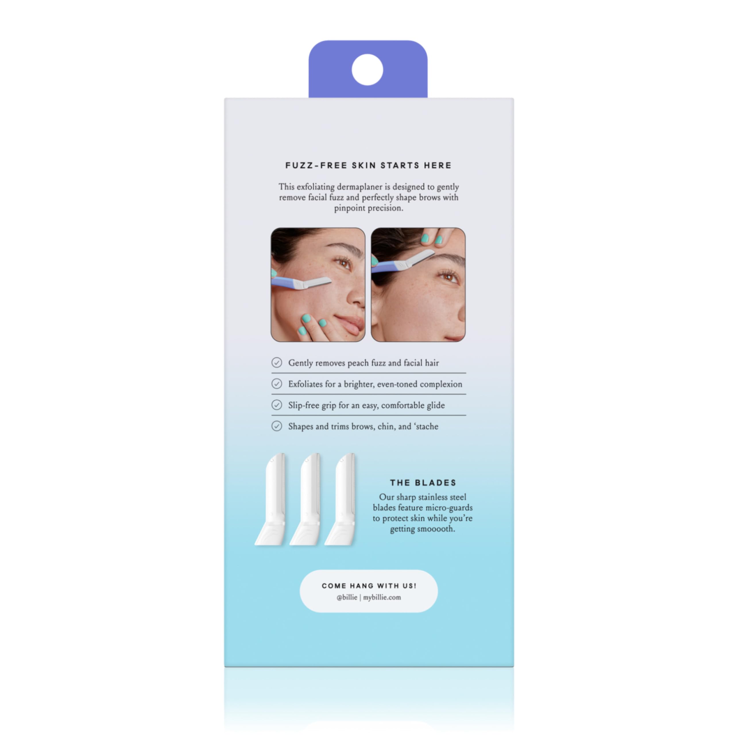 Billie Dermaplane Starter Kit packaging shows contents and practical at-home use
