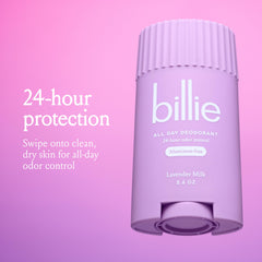 Billie desodorante del día lavanda leche, aplicación fácil en piel limpia.