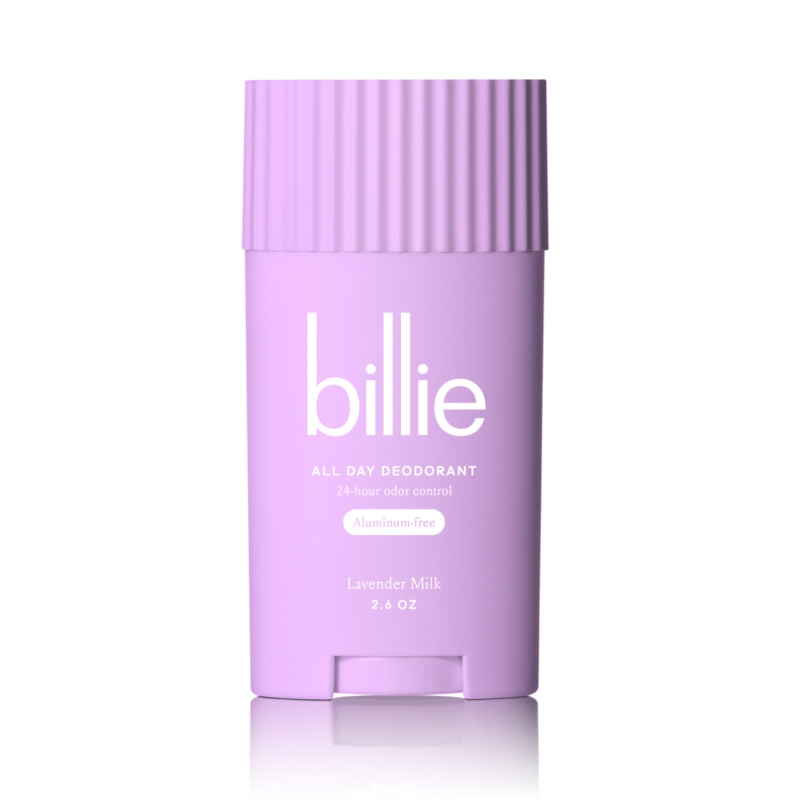 Billie desodorante del día lavanda leche, textura suave para uso diario.