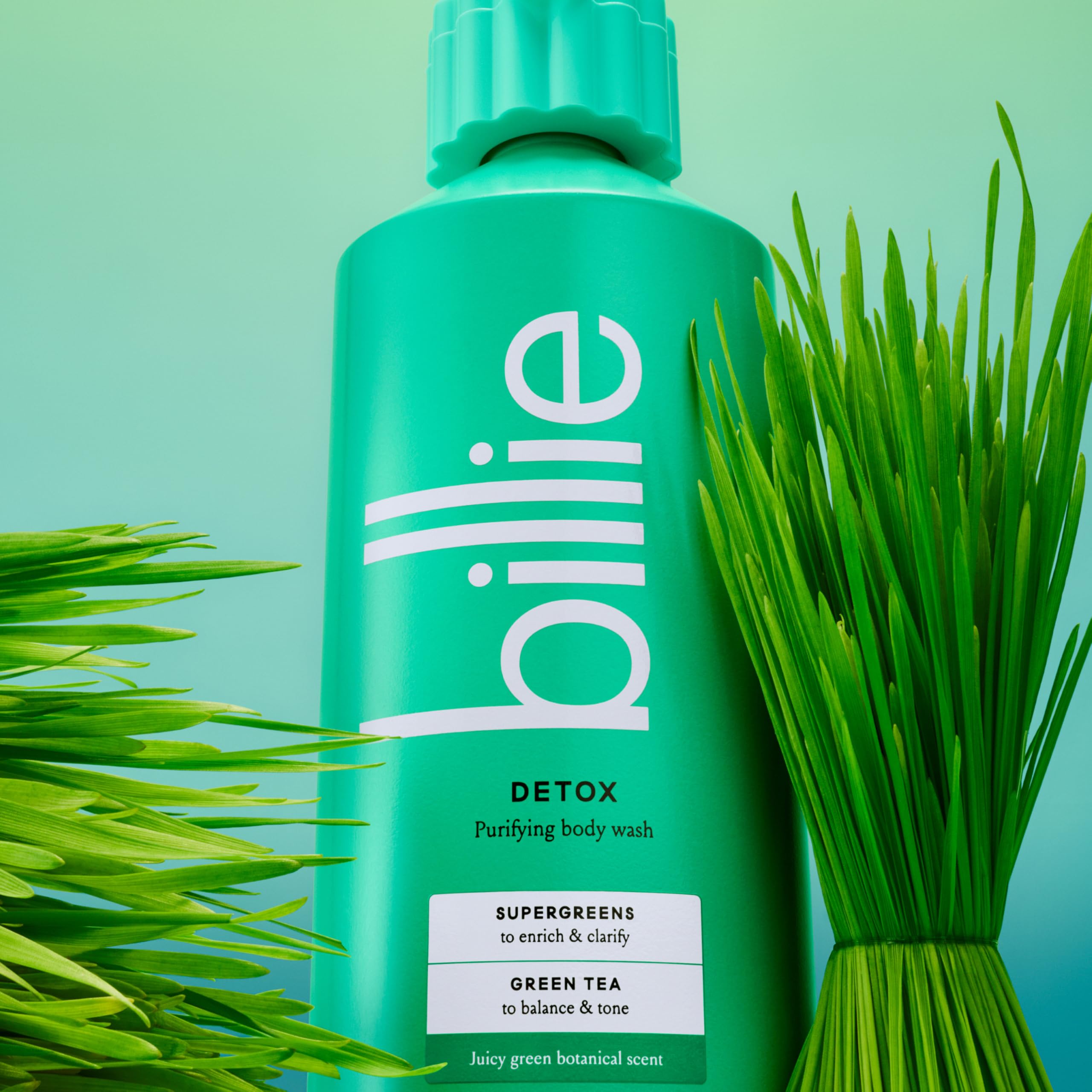 Billie Detox Purifying Body Wash features green tea and supergreens for skin clarity.