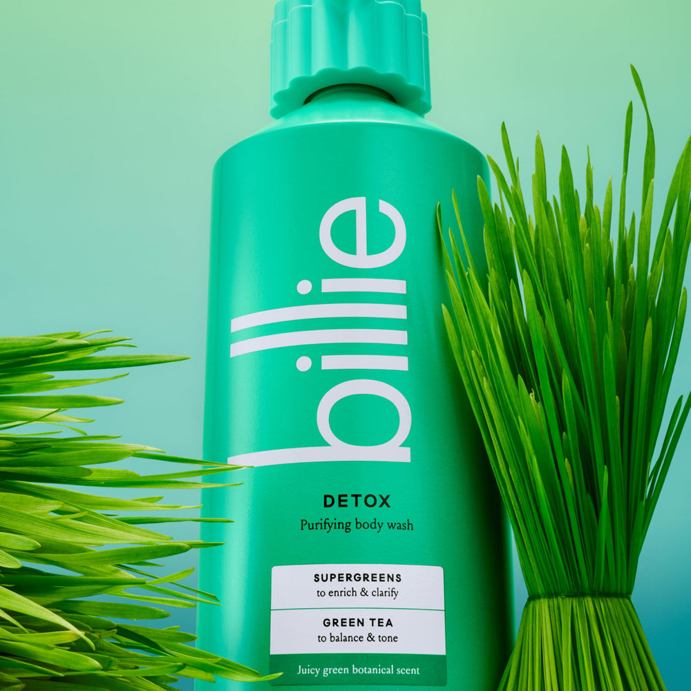 Billie Detox Purifying Body Wash features green tea and supergreens for skin clarity.