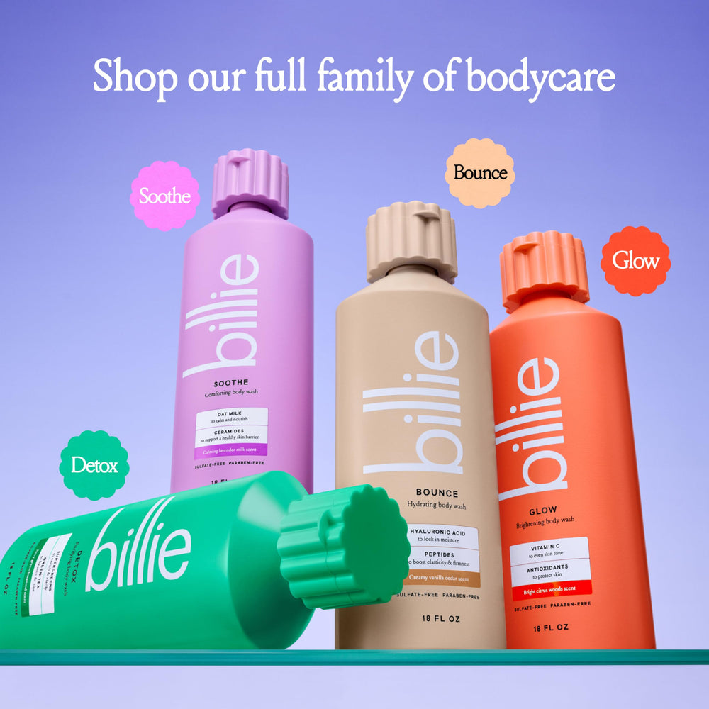 Billie Detox Purifying Body Wash scent highlights juicy green botanicals for an energizing start.