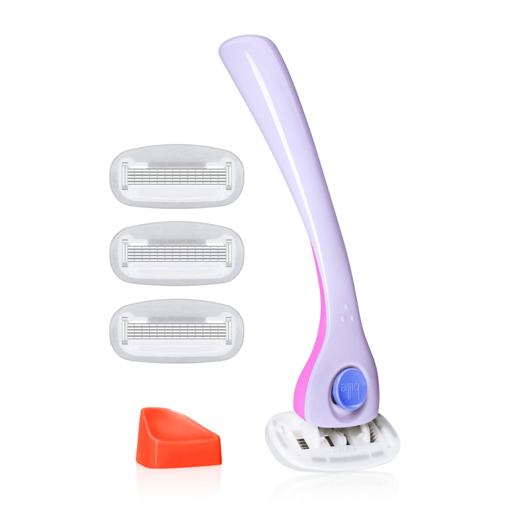 Billie DreamPop razor resting on bathroom wall with magnetic holder for easy, mess-free storage