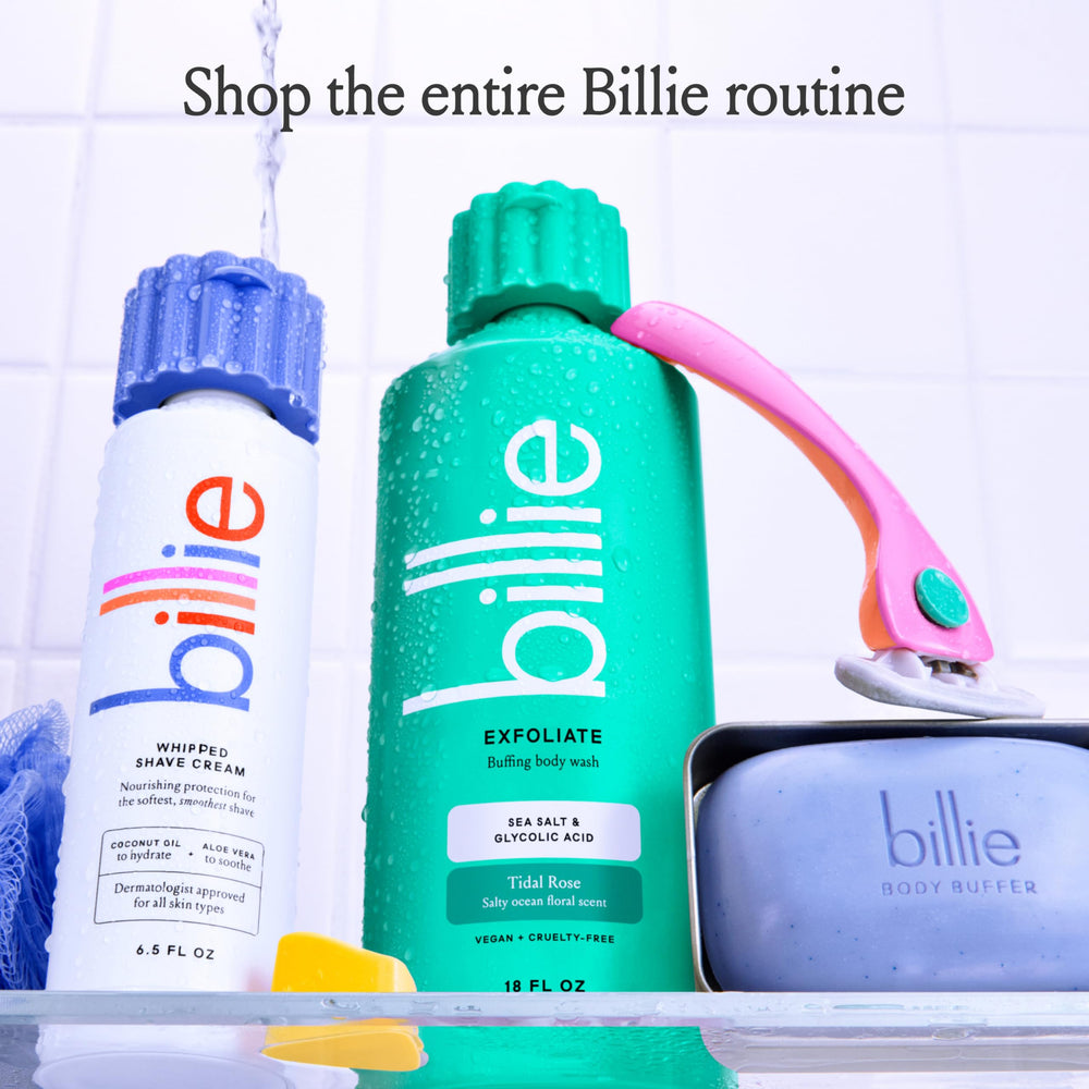 Billie exfoliante corporal aprobado por dermatólogos, uso recomendado para piel sensible
