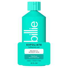 Billie exfoliante corporal, botella en primer plano, sal marina para piel suave