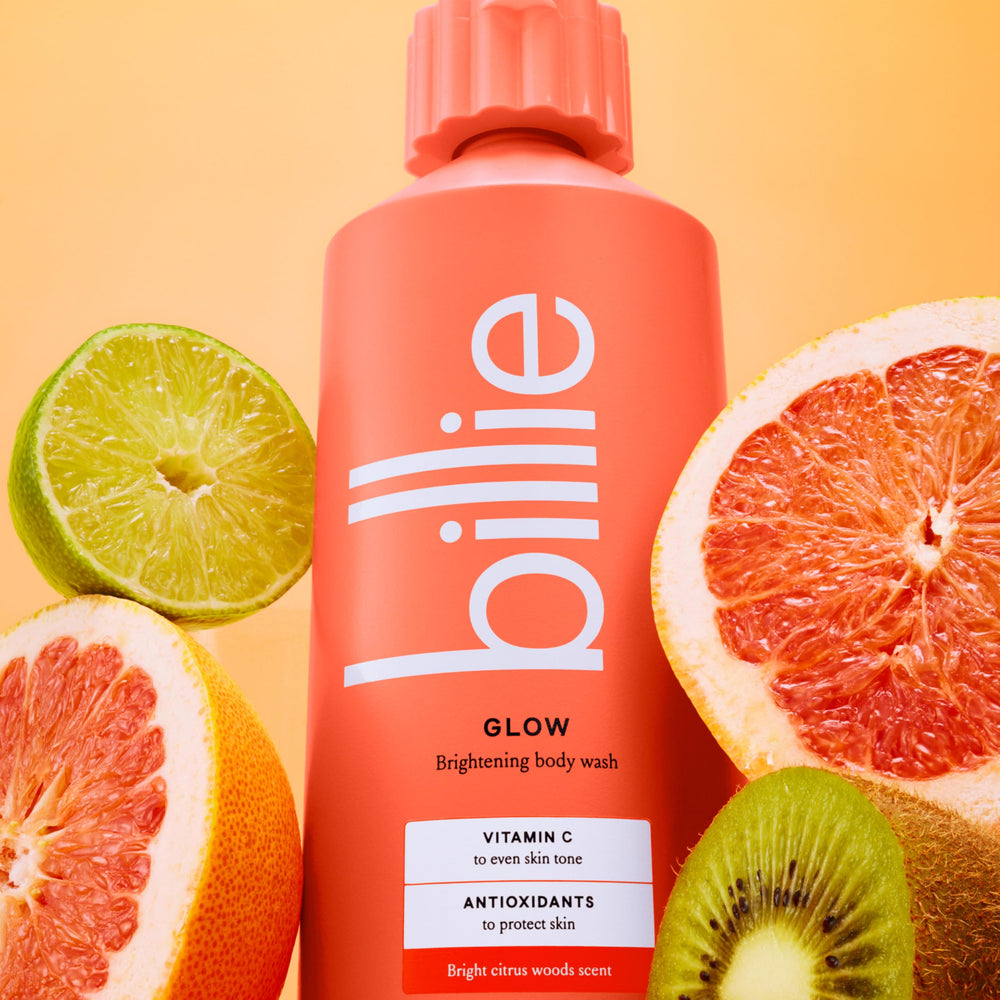 Billie Glow bote de 18 onzas, tamaño perfecto para rutina diaria.