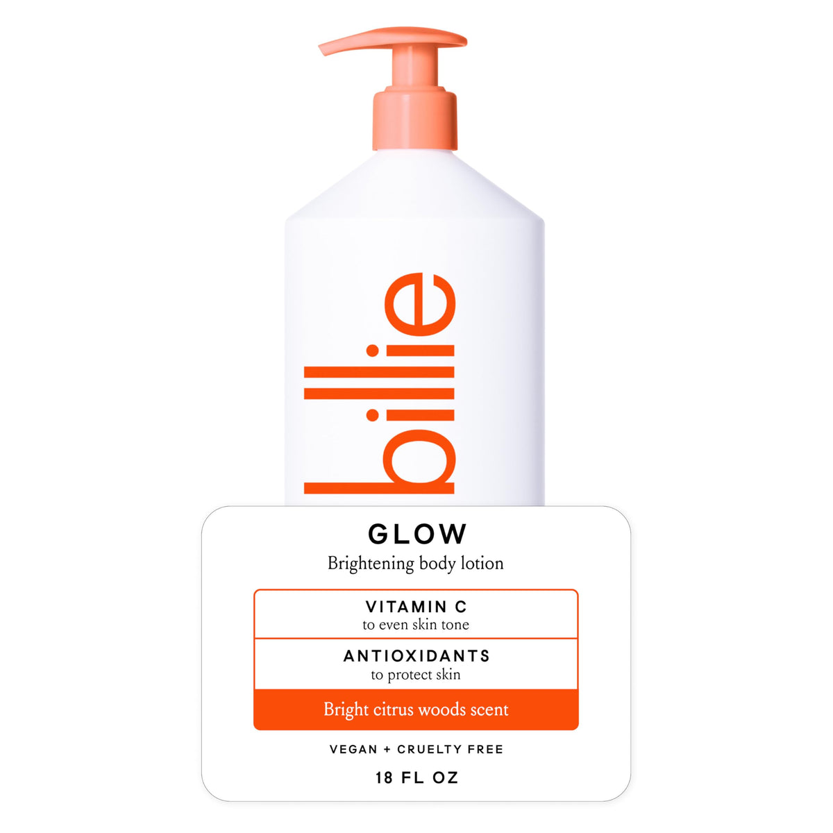 Billie Glow loción iluminadora en botella, hidratación suave y brillo discreto.