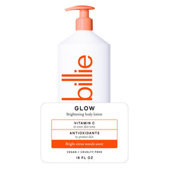Billie Glow loción iluminadora en botella, hidratación suave y brillo discreto.