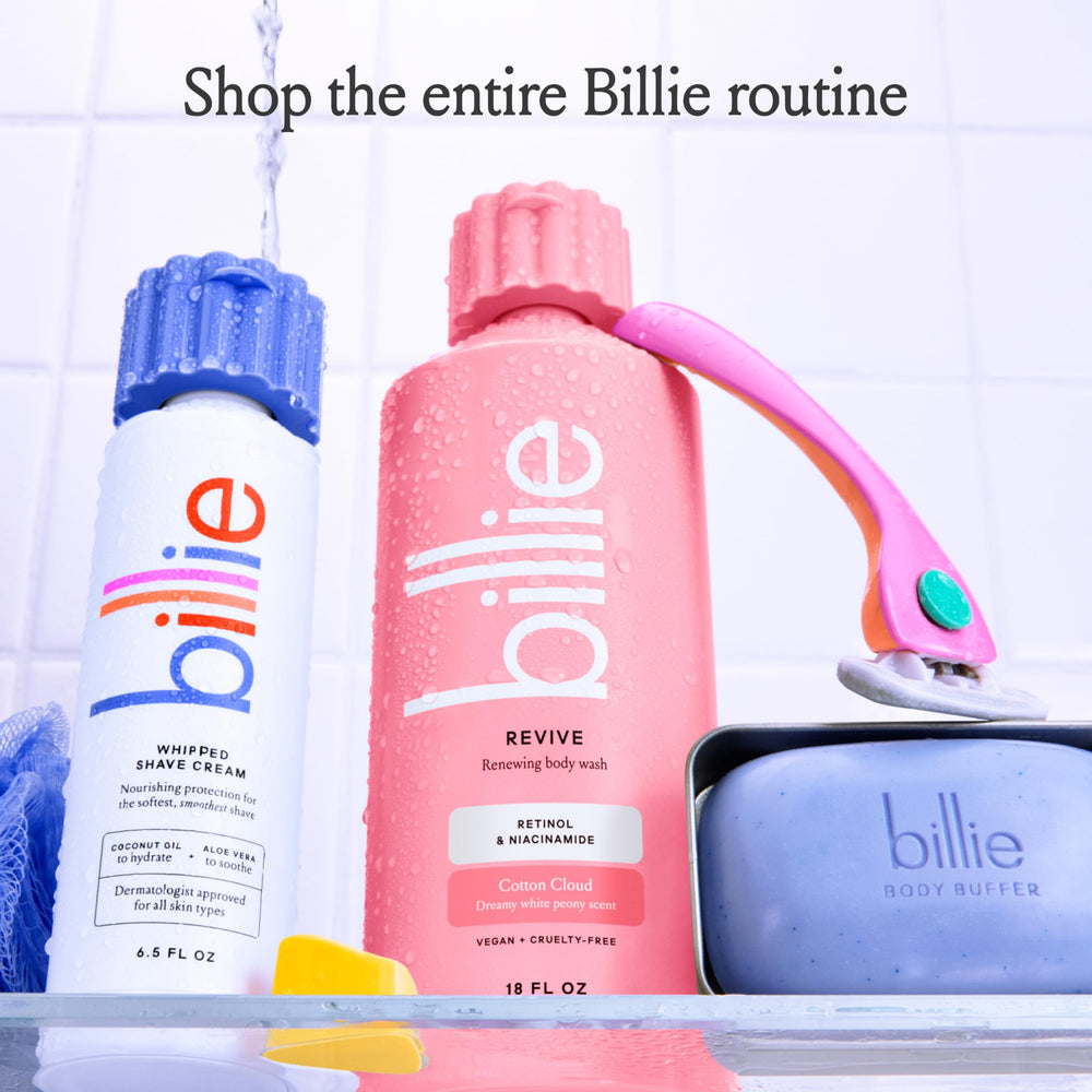 Billie envase de 532 ml facilita rellenar la ducha diaria.