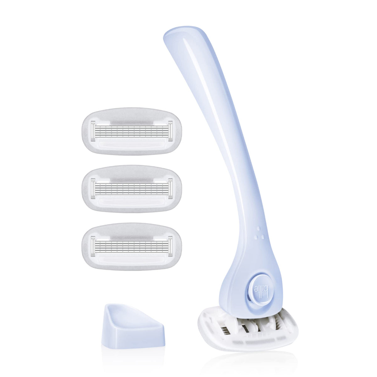 Billie razor with cool blue handle provides a smooth close shave.