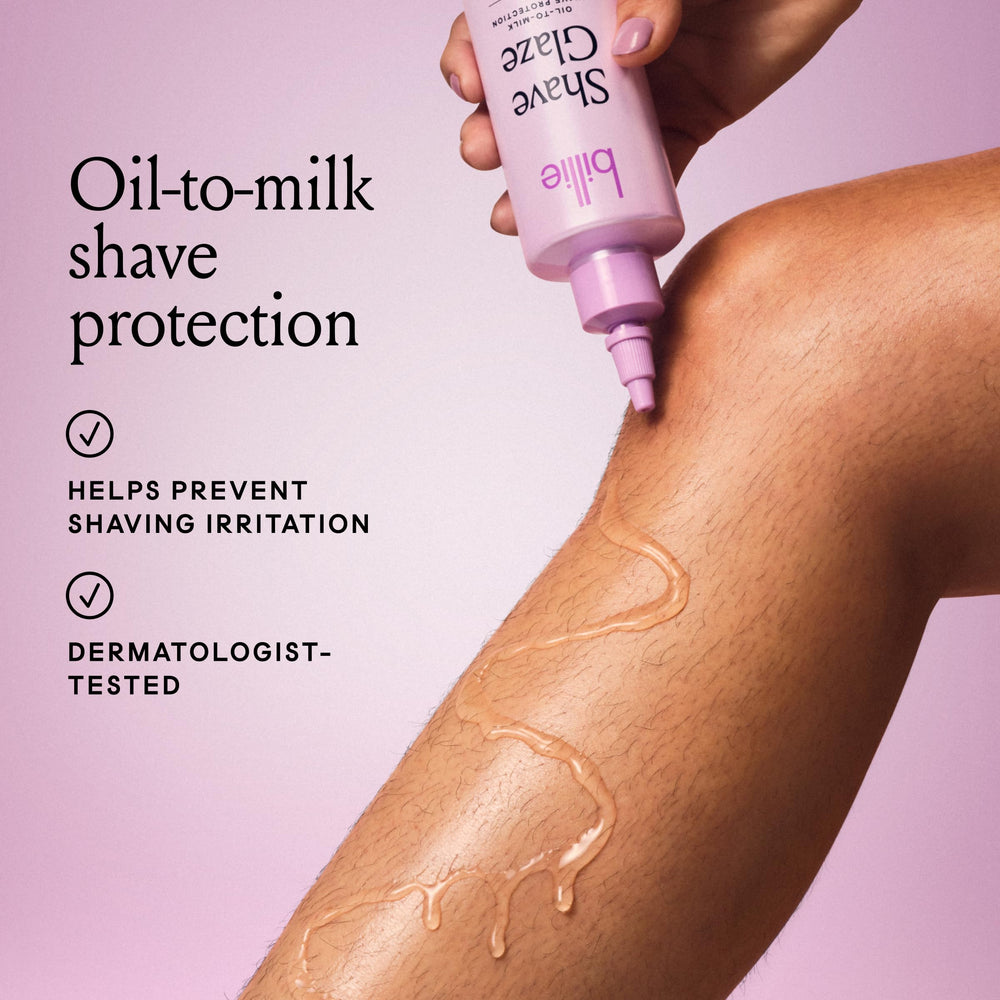 Billie Shave Glaze oil-to-milk transition forms rich lather for a close shave.