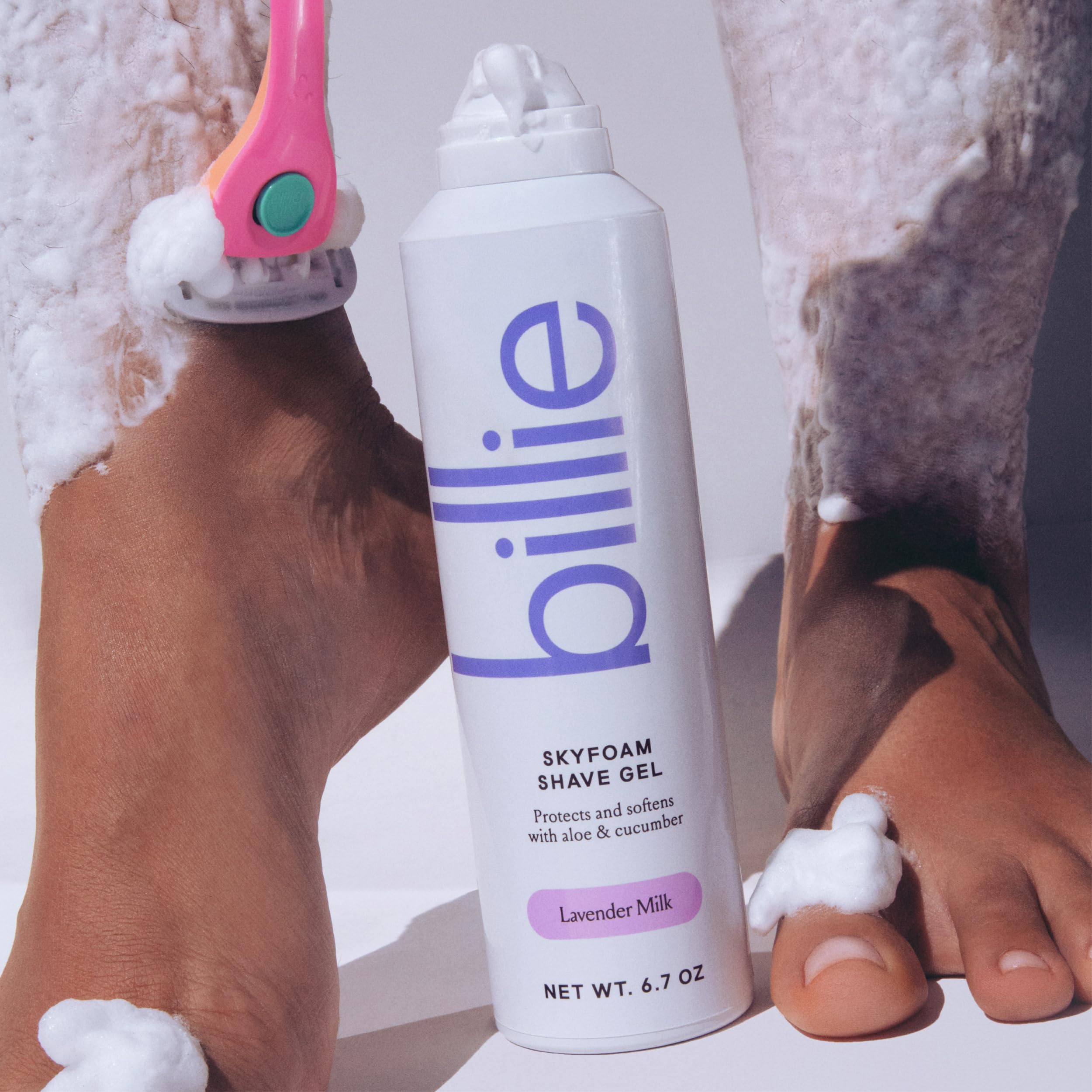 Lavender-milk scent from Billie SkyFoam enhances shower mood.