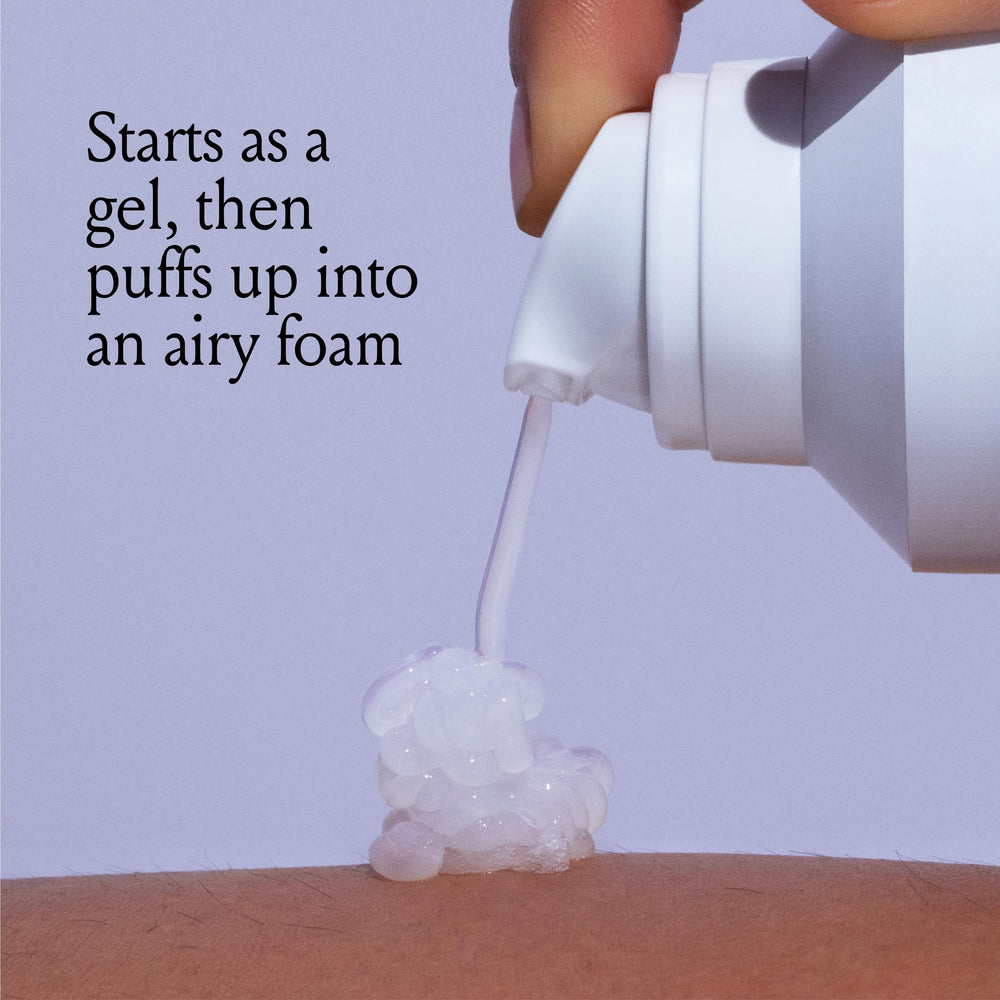 Billie SkyFoam gel bottle displayed on a shower shelf for easy access.