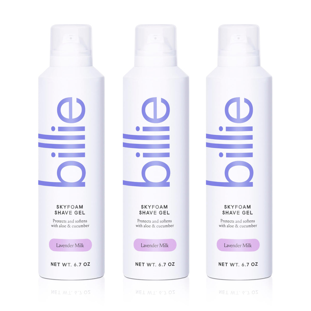 Billie SkyFoam shave gel activates into lavender-milk foam for a smooth shave.