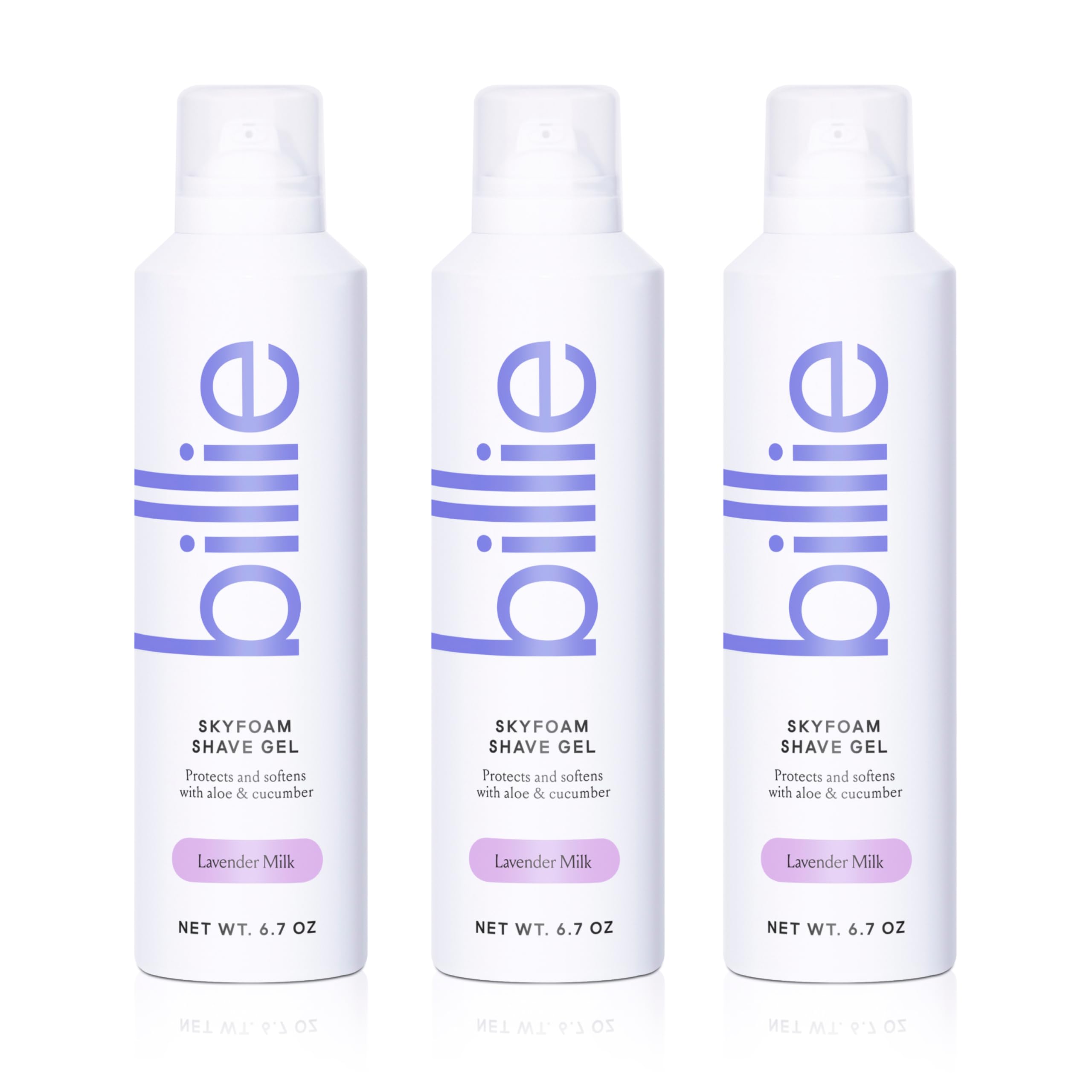 Billie SkyFoam shave gel activates into lavender-milk foam for a smooth shave.