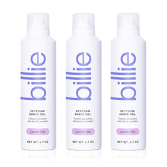 Billie SkyFoam shave gel activates into lavender-milk foam for a smooth shave.